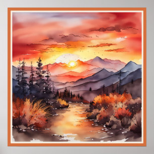 Fall Sunset on the Mountain Watercolor Faux Mat Poster