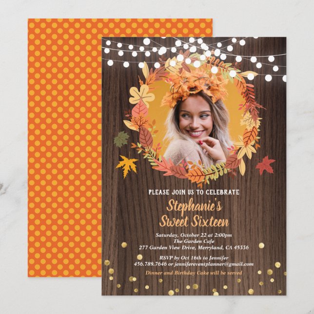 Fall sweet sixteen 16 photo invite wreath rustic (Front/Back)