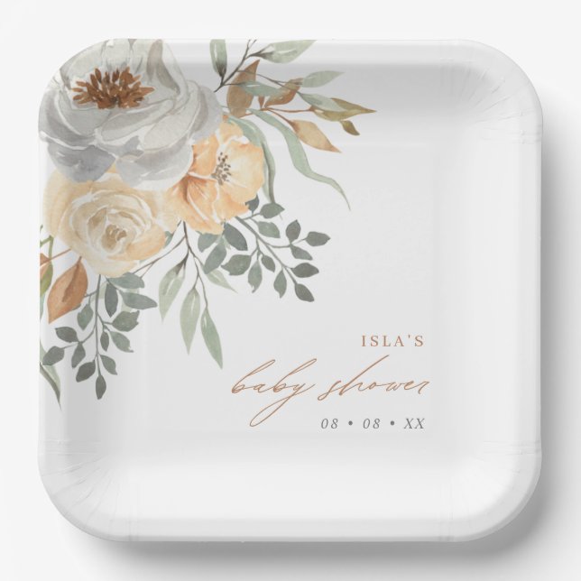 Fall Tan & Grey Floral Baby Shower Paper Plate (Front)