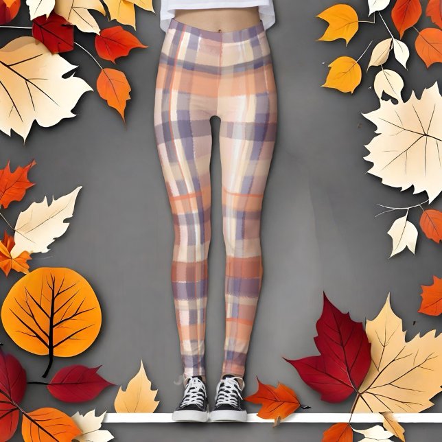 Fall tartan plaid beige orange plum check modern  leggings (Creator Uploaded)