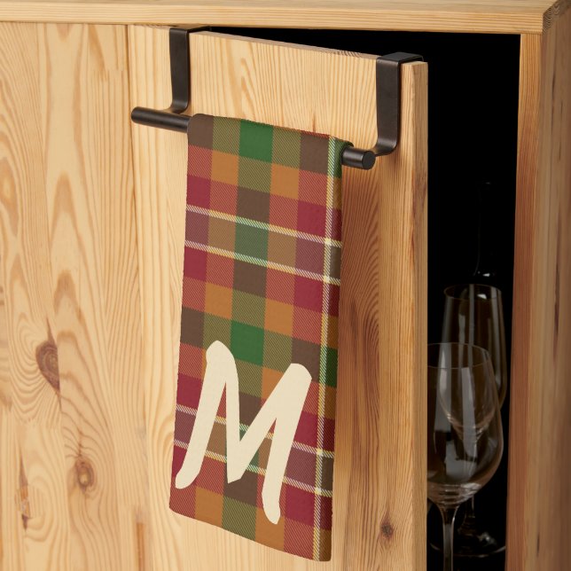 Fall tartan plaid monogram kitchen towel (Thirds Fold)