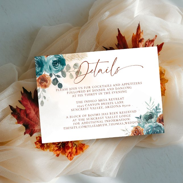 Fall Teal Burnt Orange Boho Wedding Details Enclosure Card (fall in love wedding details card teal burnt orange terracotta watercolor floral botanical earthy)