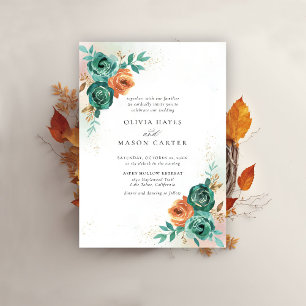 Fall Teal Burnt Orange Botanical Floral Wedding Invitation