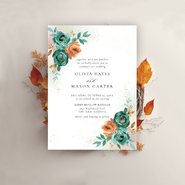 Fall Teal Burnt Orange Botanical Floral Wedding Invitation (fall wedding invitation teal burnt orange terracotta watercolor floral botanical earthy nature)