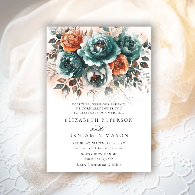Fall Teal Burnt Orange Floral Bouquet Wedding Invitation (fall wedding invitation teal burnt orange terracotta watercolor whimsical floral elegant rustic chic)