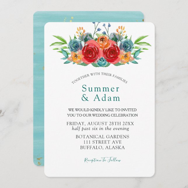 Fall Teal Red Orange Watercolor Roses Wedding Invitation (Front/Back)