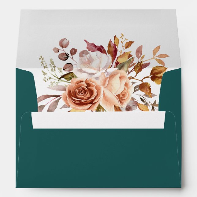 Fall Teal Watercolor Terracotta Floral wedding Envelope (Back (Bottom))