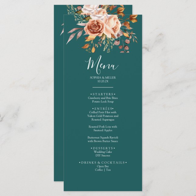 Fall Teal Watercolor Terracotta Floral wedding Menu (Front/Back)