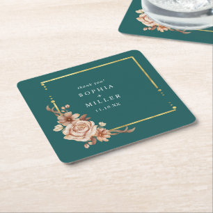 Fall Teal Watercolor Terracotta Floral wedding Square Paper Coaster