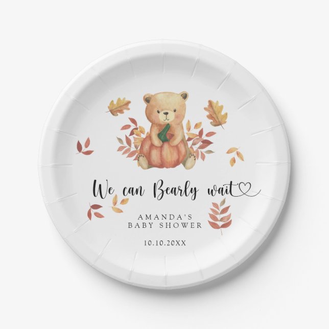 Fall teddy bear Baby Shower Paper Plate (Front)