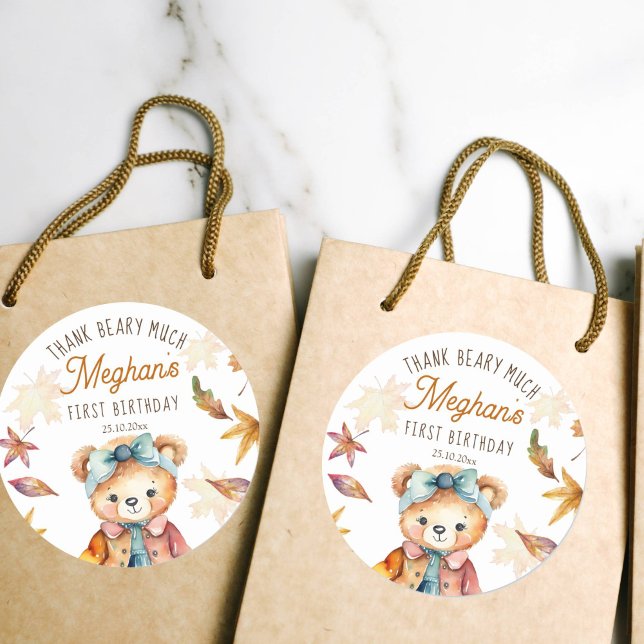 Fall teddy bear birthday party thank you favour classic round sticker (Teddy bear birthday favor gift thank you stickers cute girl teddy with a bow thank you beary much)