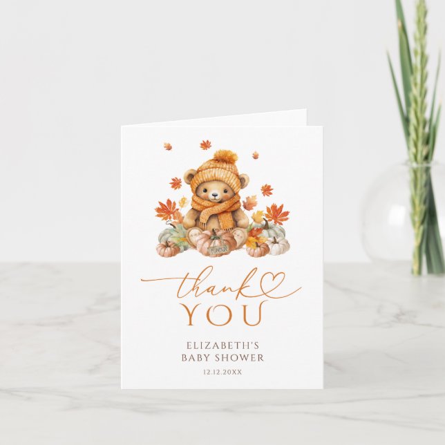 Fall Teddy Bear & Pumpkin Baby Shower Thank You Card (Front)