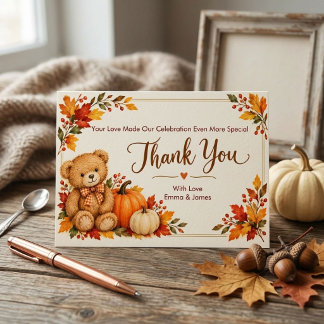 Fall Teddy Bear Pumpkin Baby Shower Thank You Card