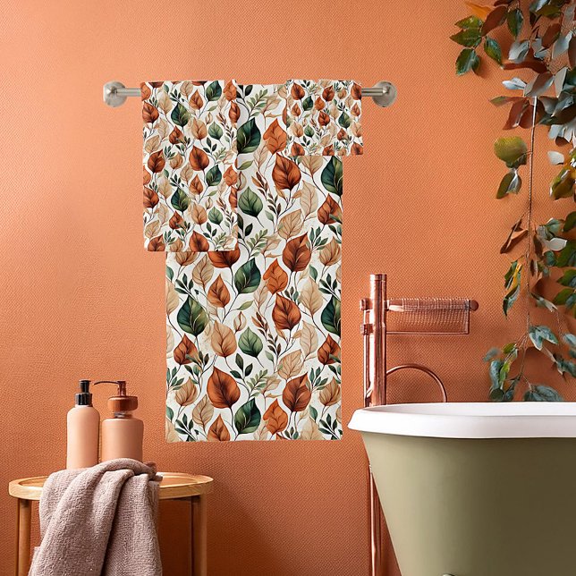 Fall terra cotta and sage leaves pattern bath towel set (Creator Uploaded)