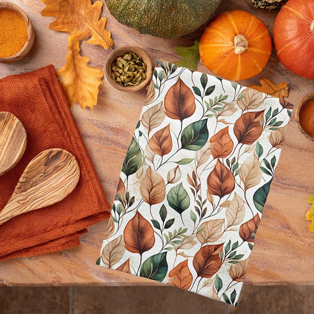 Fall terra cotta and sage leaves pattern kitchen towel (Creator Uploaded)
