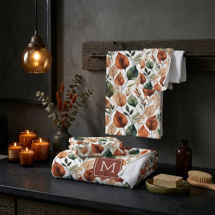 Fall terra cotta and sage leaves pattern monogram bath towel set