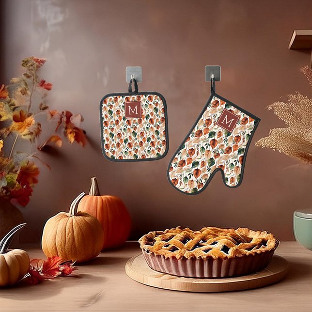 Fall terra cotta and sage leaves pattern monogram oven mitt & pot holder set (Creator Uploaded)
