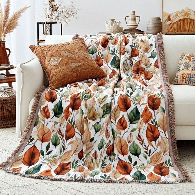 Fall terra cotta and sage leaves pattern throw blanket (Creator Uploaded)