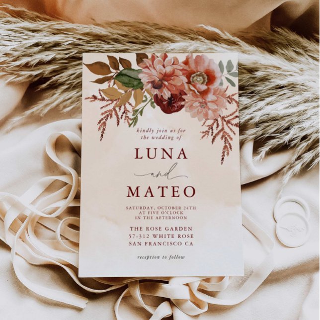 Fall Terracotta and Burgundy Floral Wedding Invitation (Creator Uploaded)