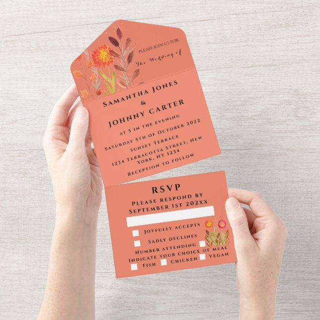 Fall Terracotta Autumn Orange Flowers boho Chic All In One Invitation (Tearaway)