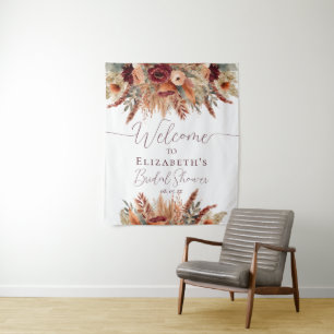Fall Terracotta Burgundy Florals Pampas Backdrop Tapestry