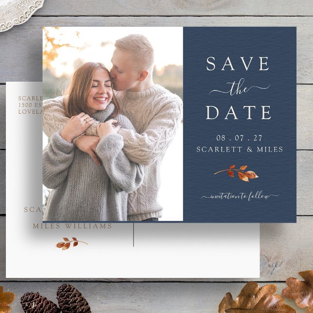 Fall Terracotta Leaves Photo Save The Date Announcement Postcard (Navy Blue Fall Terracotta Leaves Photo Save The Date Announcement Postcard by Painted Paperie
)
