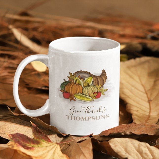 Fall Thanksgiving Cornucopia Personalized Coffee Mug (Give thanks watercolor cornucopia.)