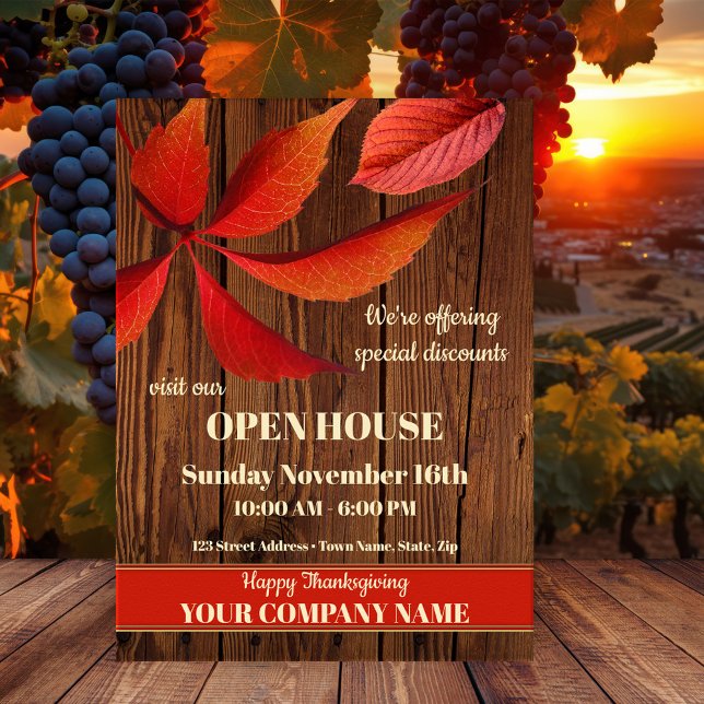 Fall Thanksgiving Open House Company Invitation Postcard (Fall, autumn or Thanksgiving announcement or invitation postcard with colorful leaves on rustic wood)