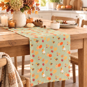 Fall Thanksgiving Pumpkins Goose Orange Sage green Short Table Runner