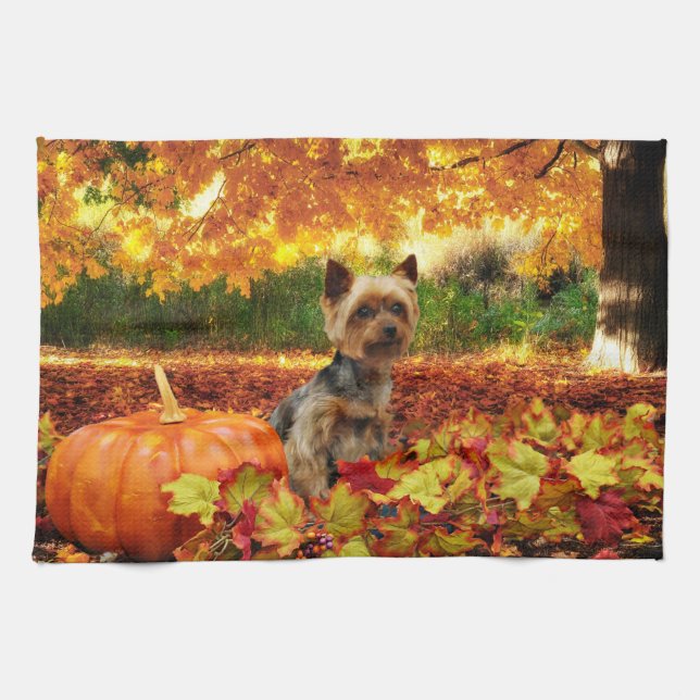 Fall Thanksgiving - Tucker - Yorkie Kitchen Towel (Horizontal)