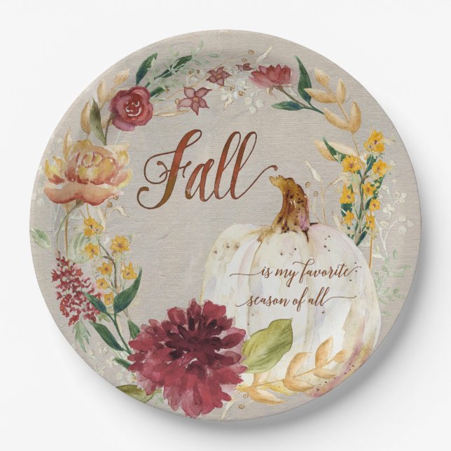 Fall Thanksgiving White Pumpkin Floral Wreath Paper Plate (Front)