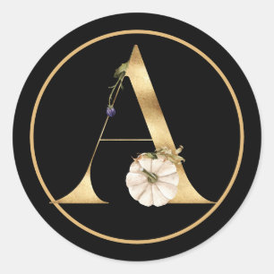FALL THEME GOLD MONOGRAM A WITH PUMPKINS  CLASSIC ROUND STICKER