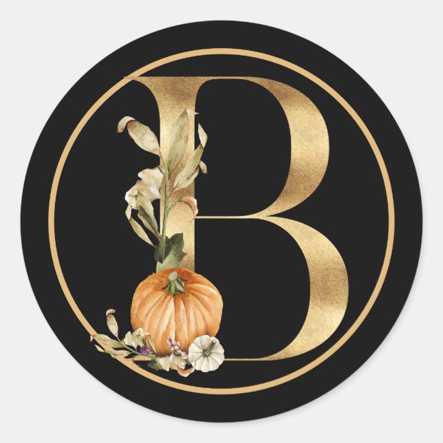 FALL THEME GOLD MONOGRAM B WITH PUMPKINS  CLASSIC ROUND STICKER (Front)