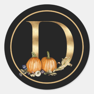 FALL THEME GOLD MONOGRAM D WITH PUMPKINS CLASSIC ROUND STICKER