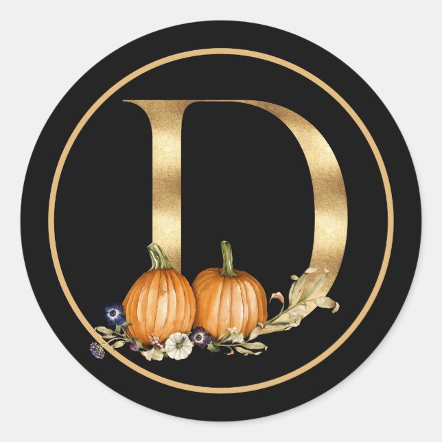 FALL THEME GOLD MONOGRAM D WITH PUMPKINS  CLASSIC ROUND STICKER (Front)