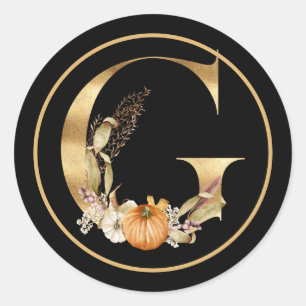 FALL THEME GOLD MONOGRAM G WITH PUMPKINS CLASSIC ROUND STICKER