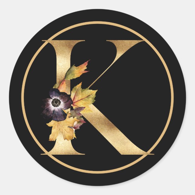 FALL THEME GOLD MONOGRAM K WITH FLORAL ARRANGEMENT CLASSIC ROUND STICKER (Front)