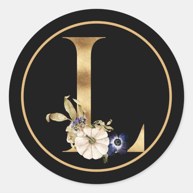 FALL THEME GOLD MONOGRAM L WITH PUMPKINS  CLASSIC ROUND STICKER (Front)