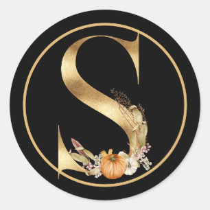 FALL THEME GOLD MONOGRAM S WITH PUMPKINS  CLASSIC ROUND STICKER