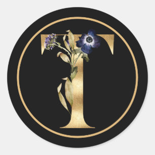 FALL THEME GOLD MONOGRAM T WITH FLORAL ARRANGEMENT CLASSIC ROUND STICKER