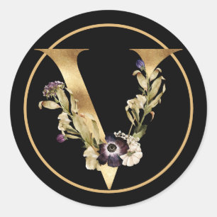 FALL THEME GOLD MONOGRAM V WITH FLOWERS CLASSIC ROUND STICKER