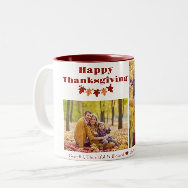 Fall Theme | Happy Thanksgiving family photo Two-Tone Coffee Mug (Front Left)