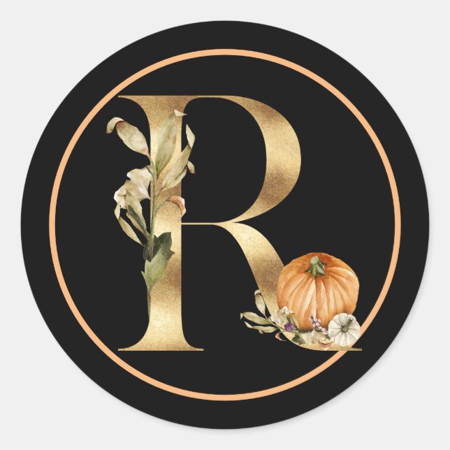 FALL THEME MONOGRAM R WITH PUMPKIN CLASSIC ROUND STICKER (Front)
