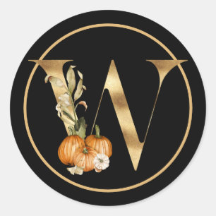 FALL THEME MONOGRAM W WITH ORANGE PUMPKIN CLASSIC ROUND STICKER