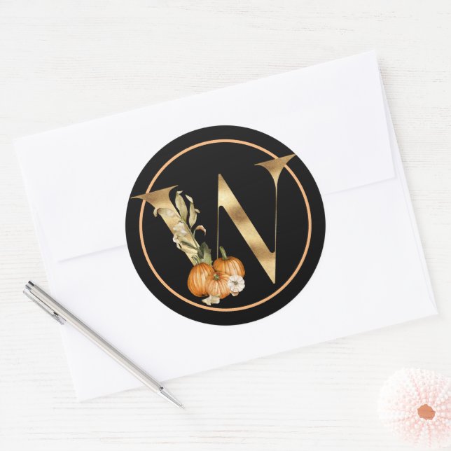 FALL THEME MONOGRAM W WITH PUMPKIN CLASSIC ROUND STICKER (Envelope)