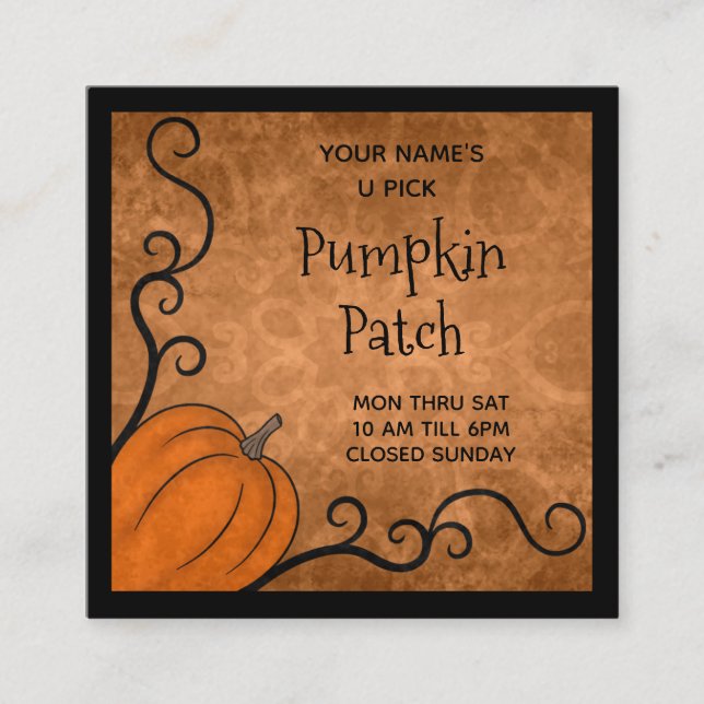 Fall theme pumpkin with swirls novelty square business card (Front)
