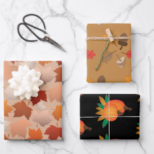 Fall Theme Wrapping Paper Flat Sheet Set of 3
