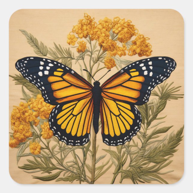 Fall Themed Monarch Butterfly on Goldenrod Flowers Square Sticker (Front)