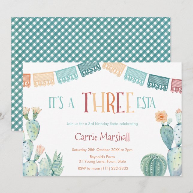 Fall Three-ESTA Girl 3rd Birthday Party Fiesta Invitation (Front/Back)