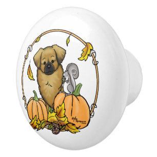 Fall Tibetan Spaniel (Brown) Dog Pumpkins Cute Ceramic Knob
